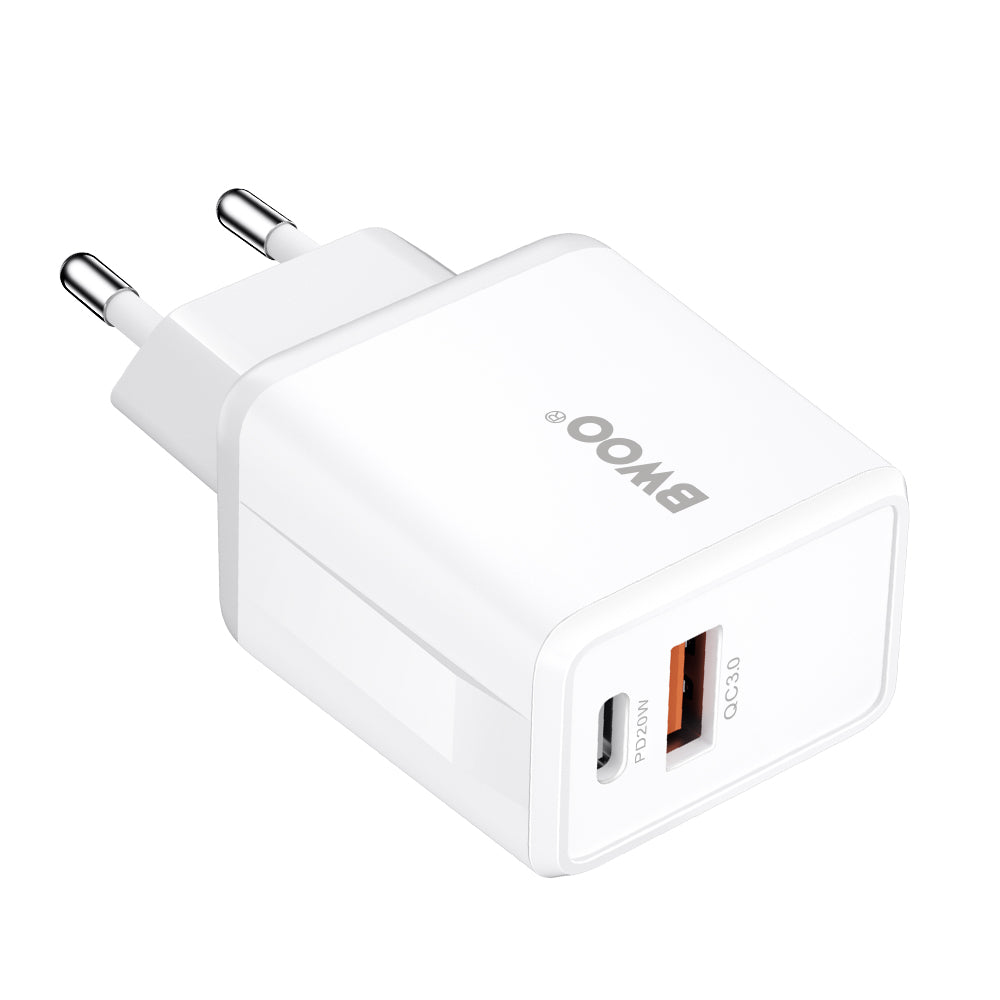 Caricatore da Rete con Cavo Lightning BWOO CDA182, 38W, 3A, 1 x USB-A - 1 x USB-C, Bianco