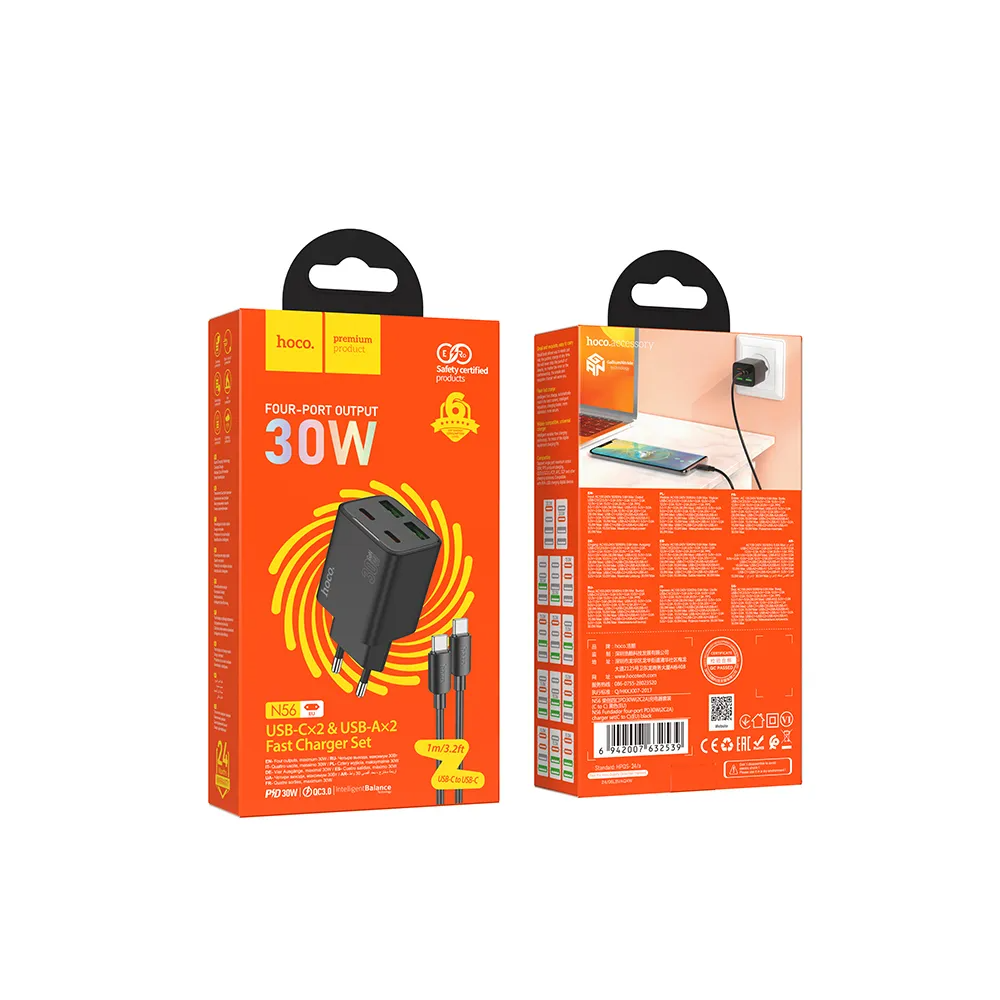 Caricabatterie da Rete con Cavo USB-C HOCO N56, 30W, 3A, 2 x USB-A - 2 x USB-C, Nero