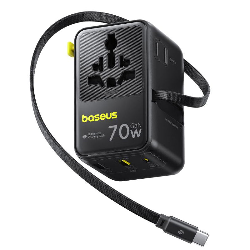 Caricatore da rete con cavo USB-C Baseus Travel EnerCore CG11, 70W, 2 x Presa - 1 x USB-C - 2 x USB-A, Nero E0307E00
