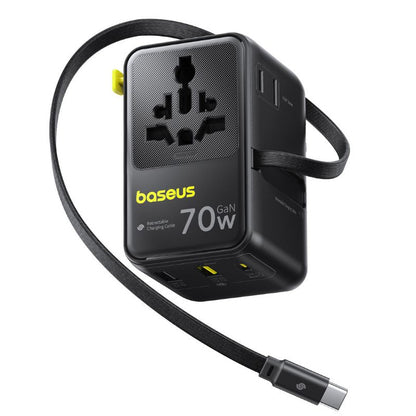 Caricatore da rete con cavo USB-C Baseus Travel EnerCore CG11, 70W, 2 x Presa - 1 x USB-C - 2 x USB-A, Nero E0307E00