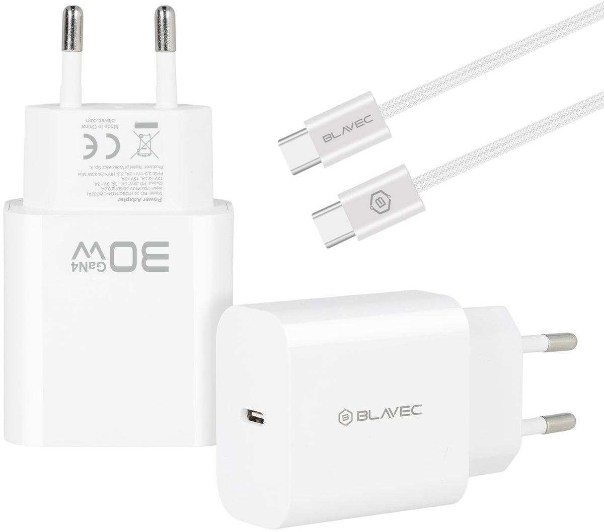 Caricabatterie da rete con cavo USB-C Blavec BC-14, 30 W, 3 A, 1 x USB-C, bianco
