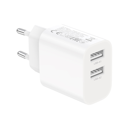 Caricabatterie da rete con cavo USB-C XO Design CE55, 12 W, 2,4 A, 2 x USB-A, bianco