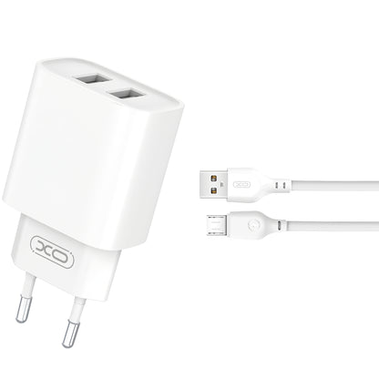 Caricatore di rete con cavo microUSB XO Design CE02C, 10,5W, 2,1A, 2 x USB-A, bianco 