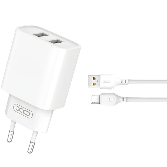 Caricatore di rete con cavo microUSB XO Design CE02C, 10,5W, 2,1A, 2 x USB-A, bianco 