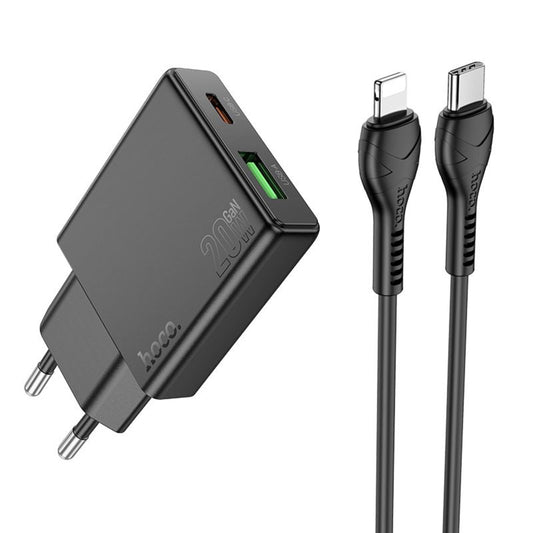 Caricabatterie da Rete con Cavo Lightning HOCO N38, 20W, 3A, 1 x USB-A - 1 x USB-C, Nero