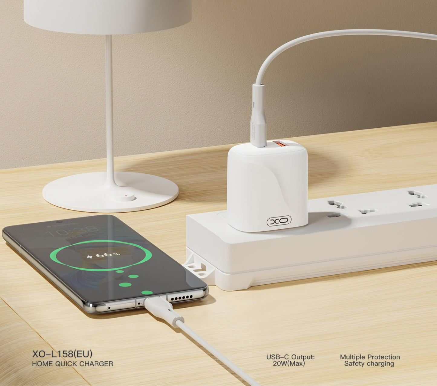 Caricabatterie da Rete con Cavo USB-C XO Design L158, 20W, 3A, 1 x USB-A - 1 x USB-C, Bianco