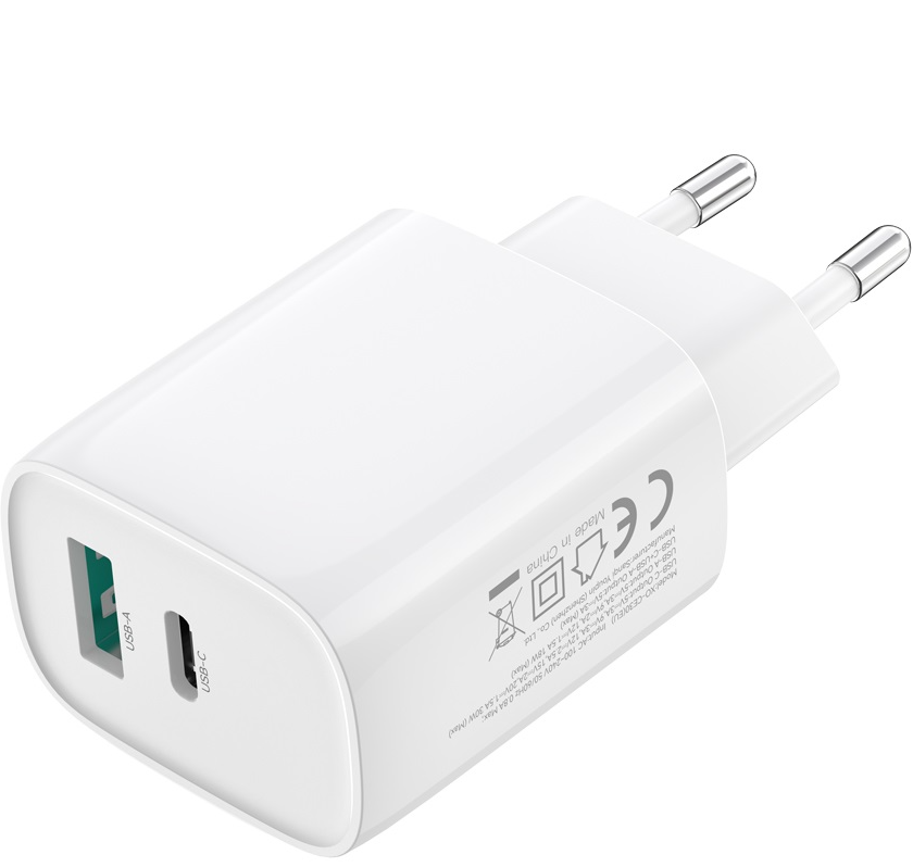 Caricabatterie da Rete con Cavo Lightning XO Design CE30, 30W, 3A, 1 x USB-A - 1 x USB-C, Bianco