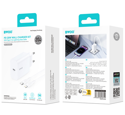 Caricabatterie Rete Con Cavo Lightning BWOO CDA233, 20W, 3A, 1 x USB-C, Bianco
