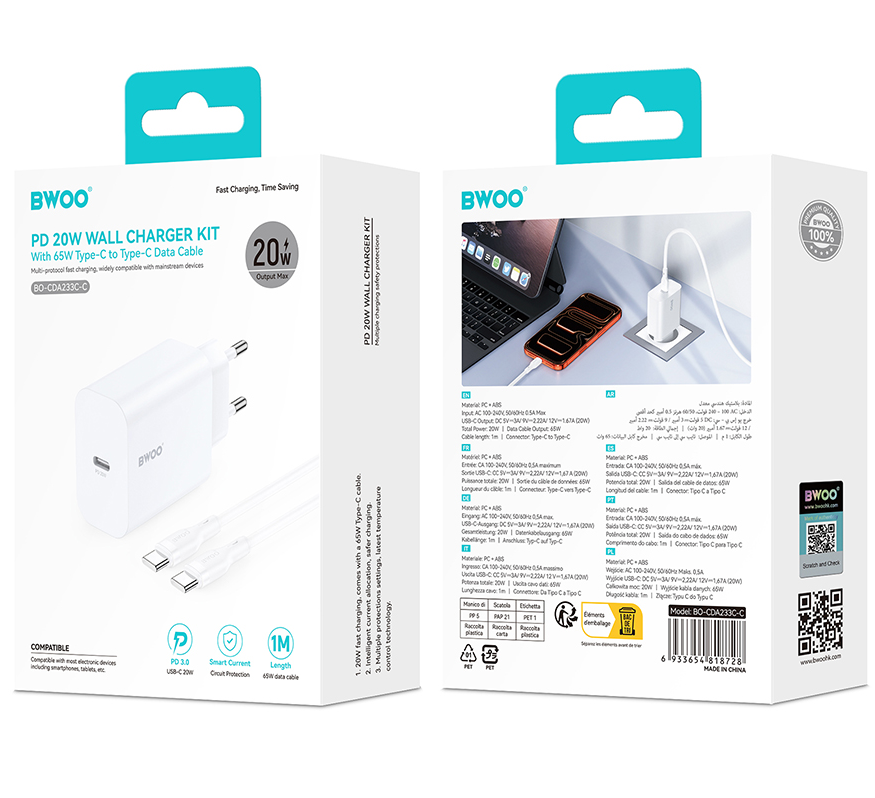 Caricabatterie Rete Con Cavo USB-C BWOO CDA233, 20W, 3A, 1 x USB-C, Bianco