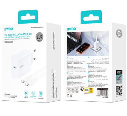 Caricabatterie Rete Con Cavo USB-C BWOO CDA233, 20W, 3A, 1 x USB-C, Bianco