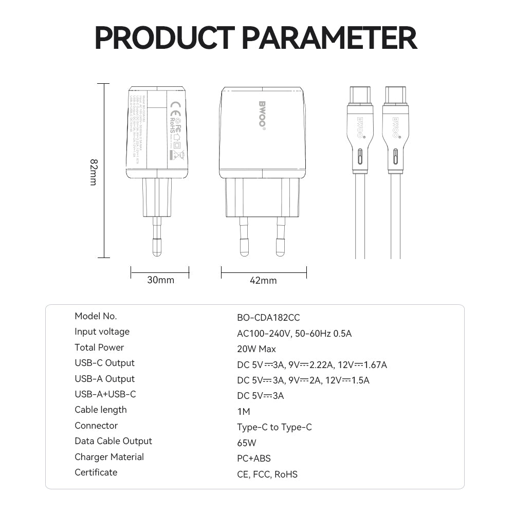 Caricabatterie da Rete con Cavo USB-C BWOO CDA182, 38W, 3A, 1 x USB-A - 1 x USB-C, Bianco