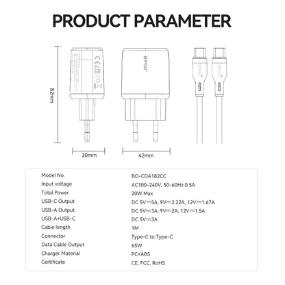 Caricabatterie da Rete con Cavo USB-C BWOO CDA182, 38W, 3A, 1 x USB-A - 1 x USB-C, Bianco
