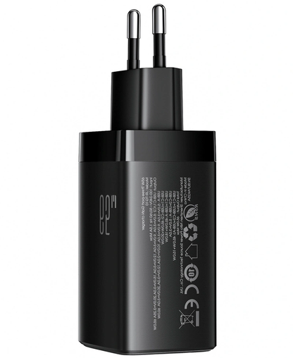 Caricatore da rete con cavo USB-C Joyroom JR-TG10, 65W, 3.25A, 1 x USB-A - 2 x USB-C, Nero