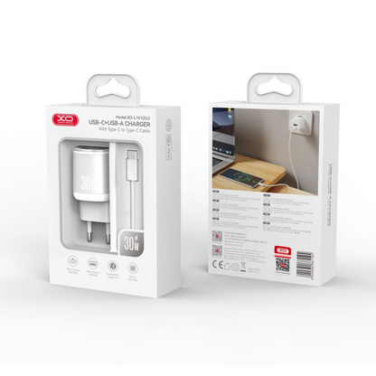 Caricabatterie da Rete con Cavo USB-C XO Design L151, 30W, 3A, 1 x USB-A - 1 x USB-C, Bianco