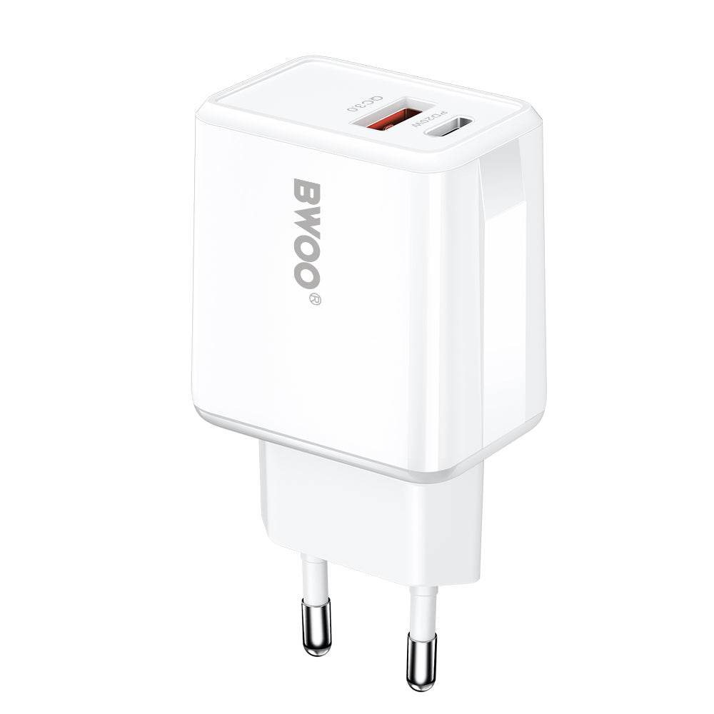 Caricatore da Rete con Cavo Lightning BWOO CDA182, 38W, 3A, 1 x USB-A - 1 x USB-C, Bianco
