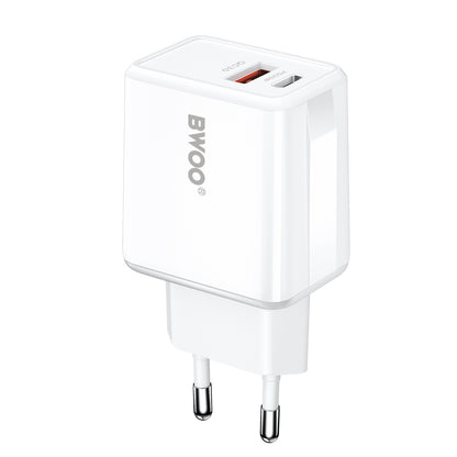 Caricatore da Rete con Cavo Lightning BWOO CDA182, 38W, 3A, 1 x USB-A - 1 x USB-C, Bianco