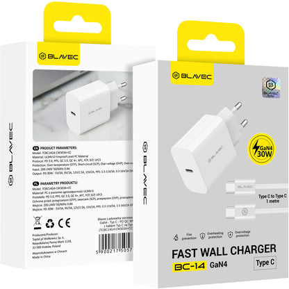 Caricabatterie da rete con cavo USB-C Blavec BC-14, 30 W, 3 A, 1 x USB-C, bianco