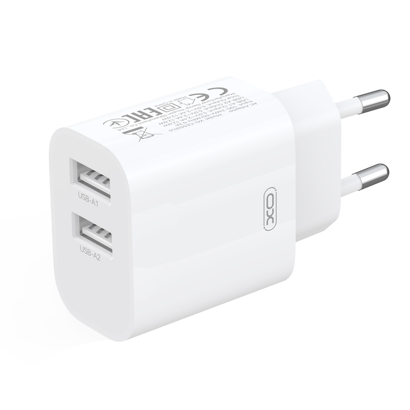 Caricabatterie da rete con cavo USB-C XO Design CE55, 12 W, 2,4 A, 2 x USB-A, bianco
