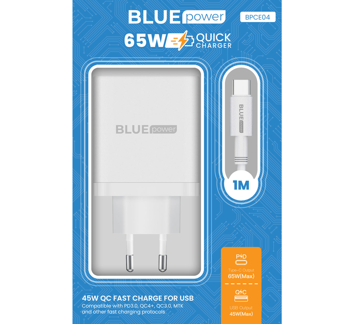 Caricatore di rete con cavo USB-C BLUE Power BPCE04, 65W, 3,25A, 1 x USB-A - 2 x USB-C, Bianco