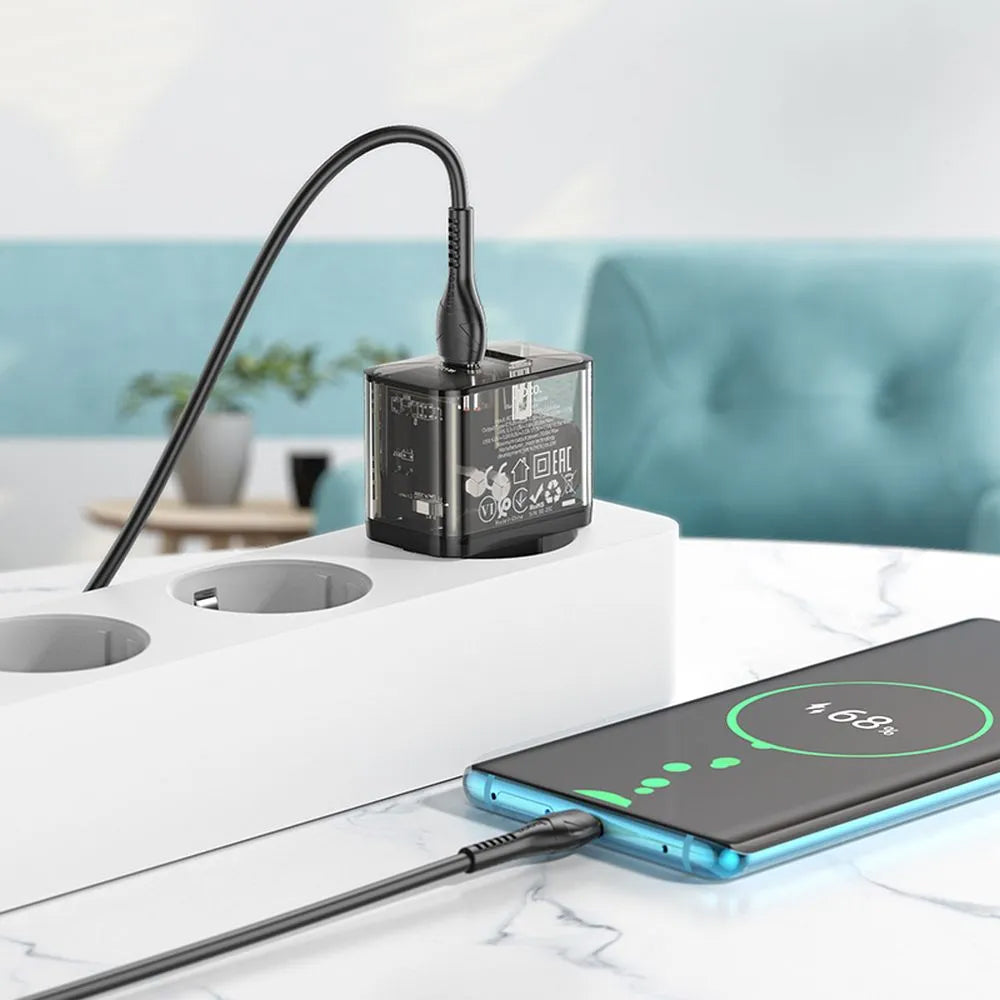 Caricabatterie da Rete con Cavo USB-C HOCO N34, 20W, 3A, 1 x USB-A - 1 x USB-C, Trasparente