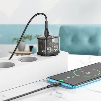 Caricabatterie da Rete con Cavo USB-C HOCO N34, 20W, 3A, 1 x USB-A - 1 x USB-C, Trasparente