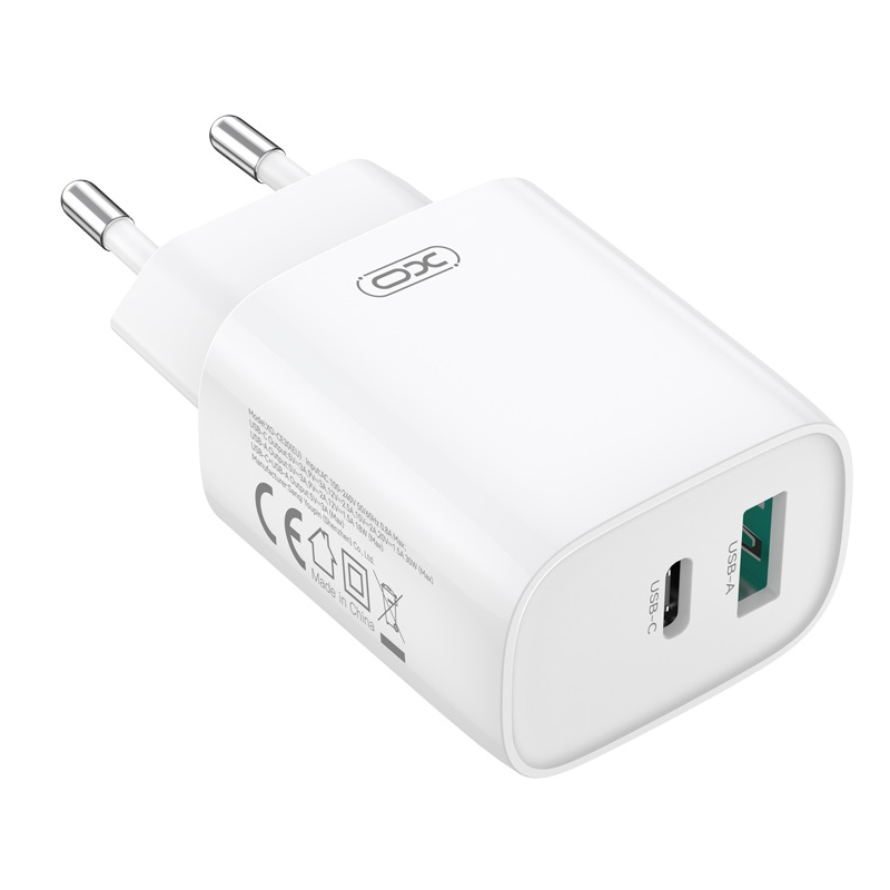 Caricabatterie da Rete con Cavo Lightning XO Design CE30, 30W, 3A, 1 x USB-A - 1 x USB-C, Bianco