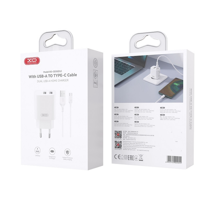 Caricabatterie da rete con cavo USB-C XO Design CE55, 12 W, 2,4 A, 2 x USB-A, bianco