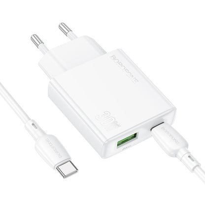 Caricabatterie di rete con cavo USB-C Borofone BN25 Wish, 30W, 3A, 1 x USB-A - 1 x USB-C, bianco 