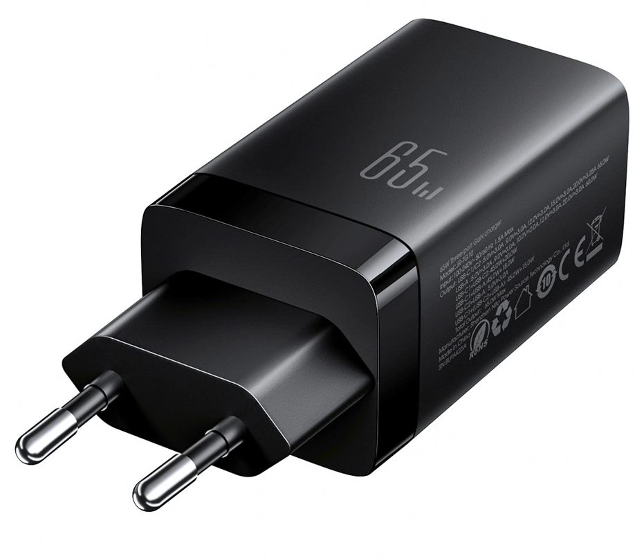 Caricatore da rete con cavo USB-C Joyroom JR-TG10, 65W, 3.25A, 1 x USB-A - 2 x USB-C, Nero