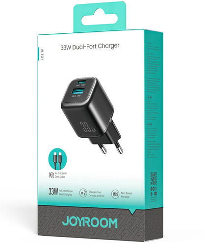 Caricatore da rete con cavo USB-C Joyroom JR-TG7, 33W, 3A, 1 x USB-A - 1 x USB-C, Nero
