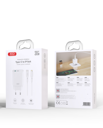 Caricabatterie da Rete con Cavo Lightning XO Design CE30, 30W, 3A, 1 x USB-A - 1 x USB-C, Bianco