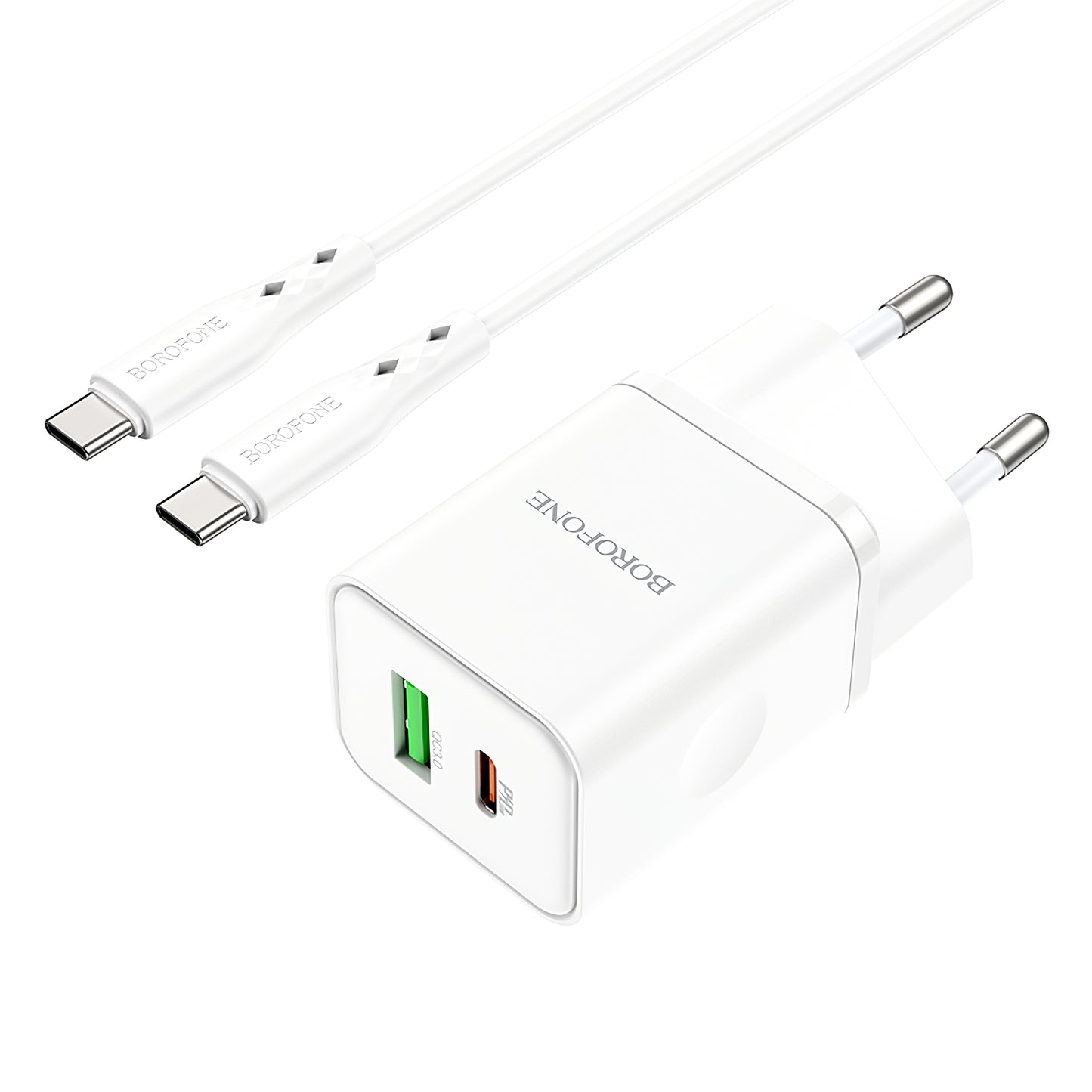 Caricabatterie di rete con cavo USB-C Borofone BN7, 20W, 3A, 1 x USB-A - 1 x USB-C, bianco 