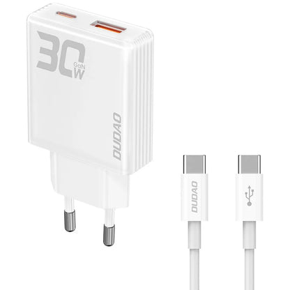 Dudao A30EUT Caricatore di rete con cavo USB-C, 30W, 3A, 1 x USB-A - 1 x USB-C, bianco 