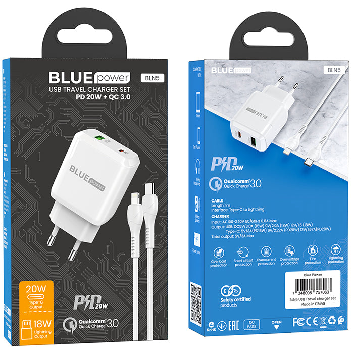 BLUE Power BLN5, 20W, 3A, 1 x USB-A - 1 x USB-C, bianco