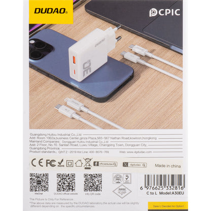 Dudao A30EUL Caricatore di rete con cavo Lightning, 30W, 3A, 1 x USB-A - 1 x USB-C, Bianco 