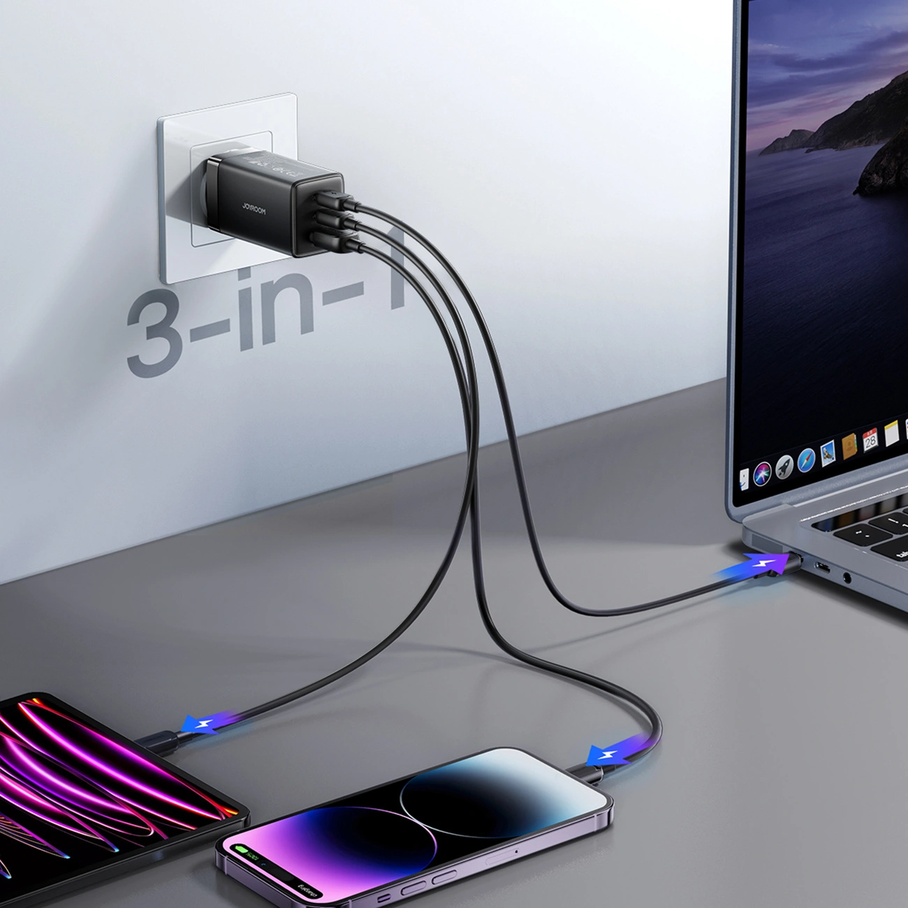 Caricatore da rete con cavo USB-C Joyroom JR-TG10, 65W, 3.25A, 1 x USB-A - 2 x USB-C, Nero