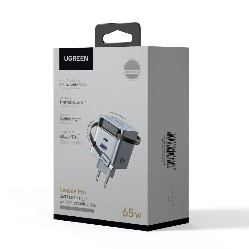 Caricabatterie da Rete con Cavo USB-C UGREEN X615, 65W, 3A, 1 x USB-A - 1 x USB-C, Grigio