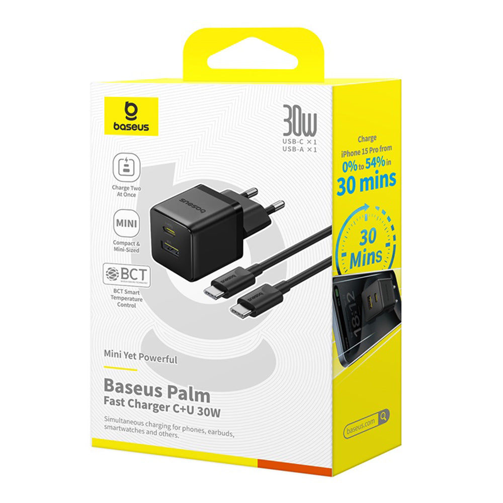 Caricabatterie Retea Con Cavo USB-C Baseus Palm, 30W, 3A, 1 x USB-A - 1 x USB-C, Nero P1011160A113-01