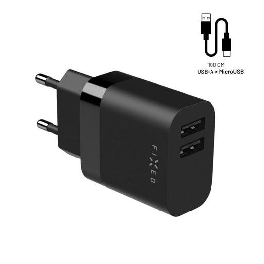 Caricabatterie da rete con cavo microUSB Fixed, 17W, 3A, 2 x USB-A, Nero