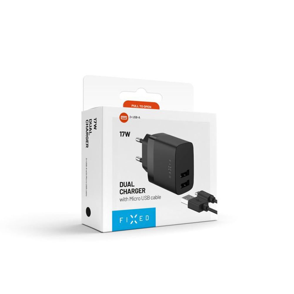 Caricabatterie da rete con cavo microUSB Fixed, 17W, 3A, 2 x USB-A, Nero