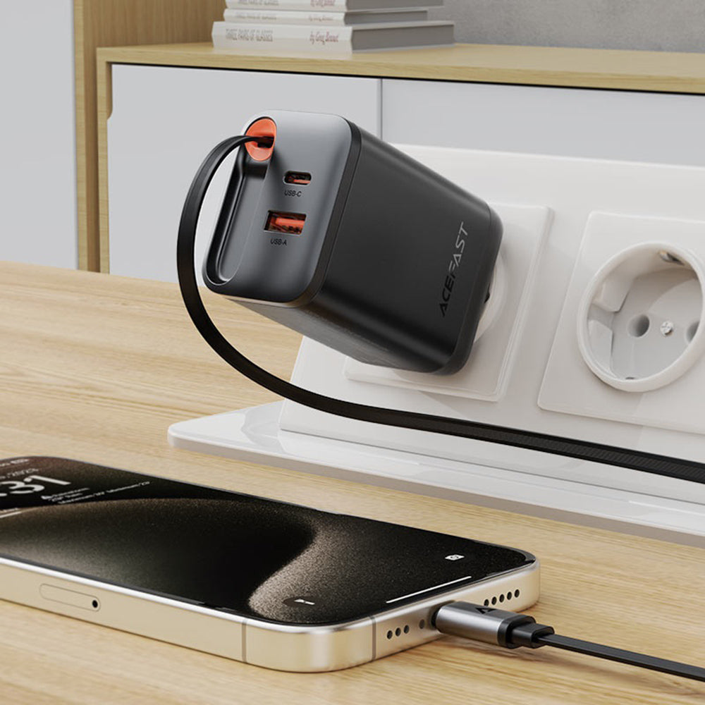 Caricabatterie da rete con cavo USB-C Acefast A111, 67W, 3A, 1 x USB-A - 1 x USB-C, Nero