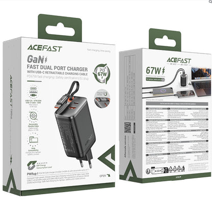Caricabatterie da rete con cavo USB-C Acefast A111, 67W, 3A, 1 x USB-A - 1 x USB-C, Nero