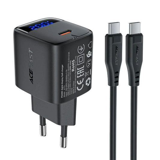 Caricabatterie Rete con Cavo USB-C Acefast A113 Display, 20W, 3A, 1 x USB-C, Nero
