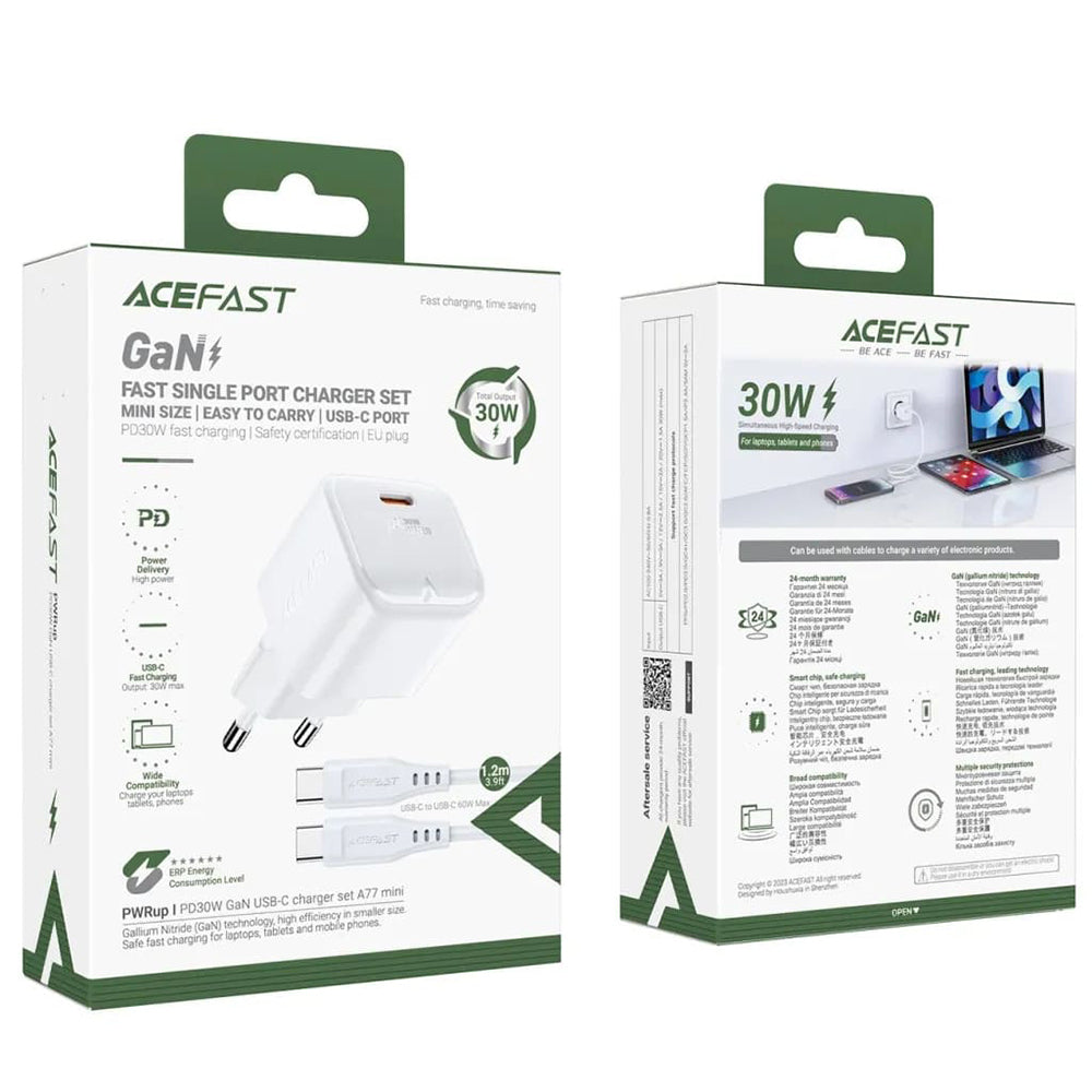 Caricabatterie Rete con Cavo USB-C Acefast A77, 30W, 3A, 1 x USB-C, Bianco