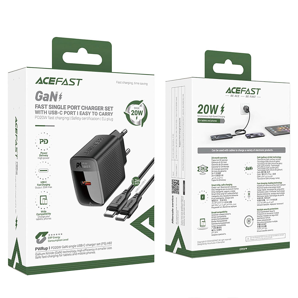 Caricabatterie da rete con cavo USB-C Acefast A82, 20W, 3A, 1 x USB-C, Nero