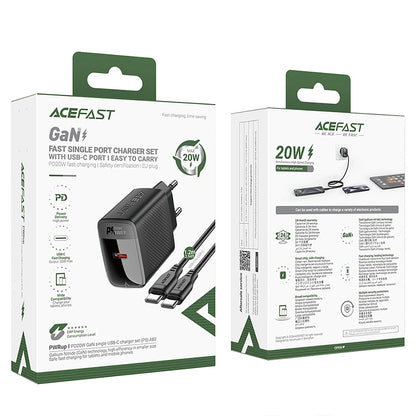 Caricabatterie da rete con cavo USB-C Acefast A82, 20W, 3A, 1 x USB-C, Nero