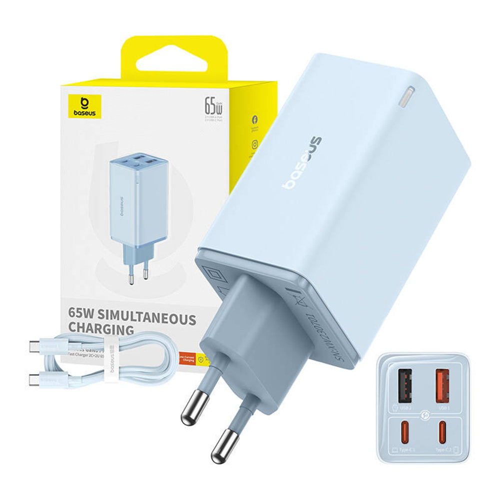 Caricatore da rete con cavo USB-C Baseus GaN6 Pro, 65W, 3,25A, 2 x USB-A - 2 x USB-C, Blu P10162701313-00