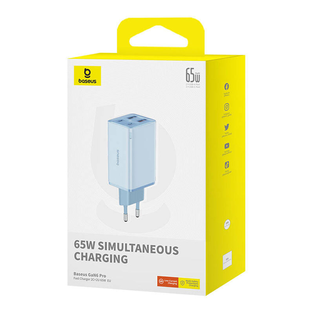 Caricatore da rete con cavo USB-C Baseus GaN6 Pro, 65W, 3,25A, 2 x USB-A - 2 x USB-C, Blu P10162701313-00