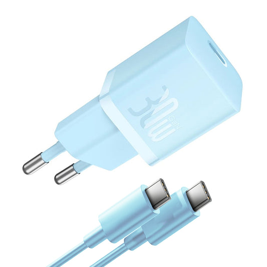 Caricabatterie Rete con Cavo USB-C Baseus GaN Mini 1C, 30W, 3A, 1 x USB-C, Blu P10110902313-00