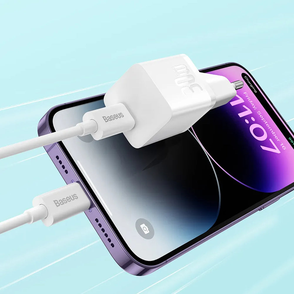 Caricabatterie Rete con Cavo USB-C Baseus GaN Mini 1C, 30W, 3A, 1 x USB-C, Blu P10110902313-00